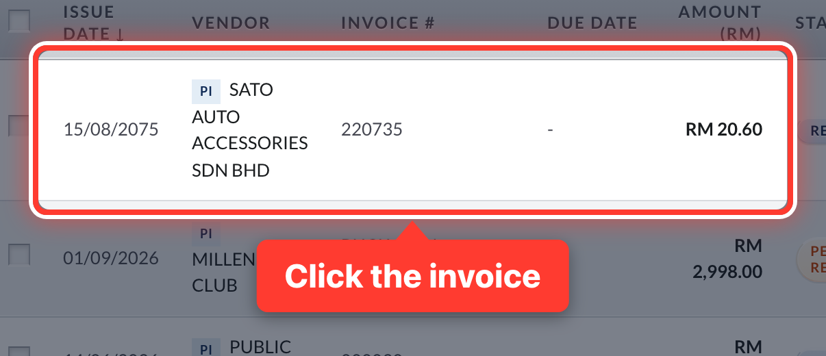 An invoice in the Purchase Invoices list, circled
