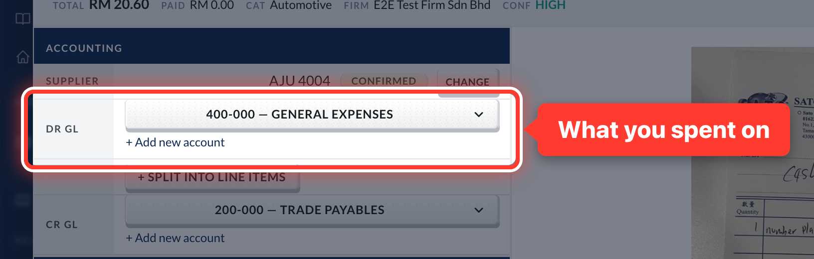 The DR GL field on the invoice, circled