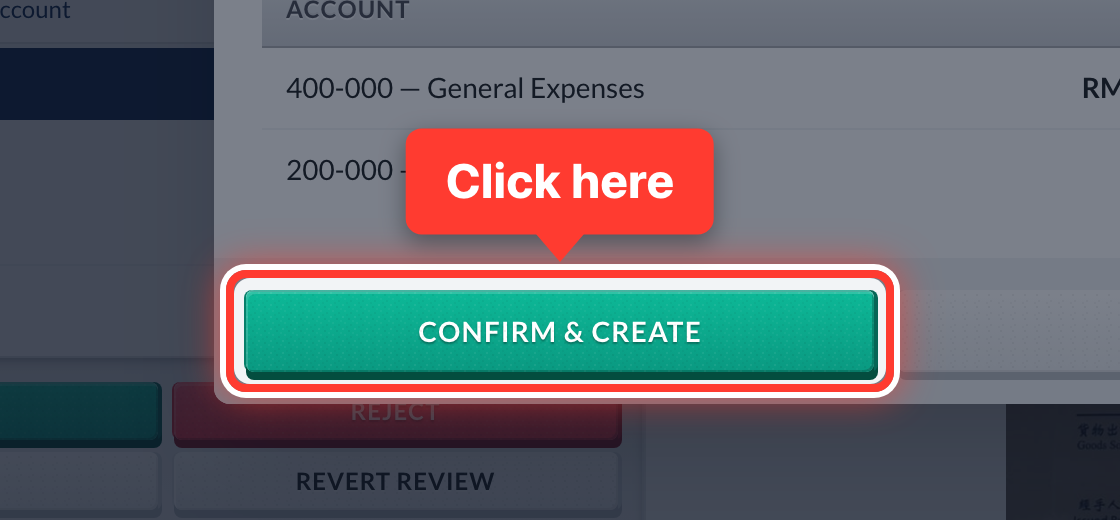 The Confirm & Create button in the approval window, circled