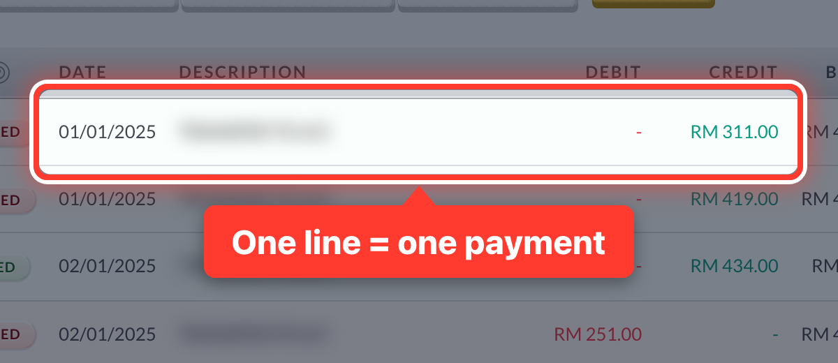 One line of a bank statement, circled