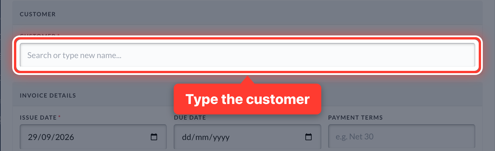 The Customer box in the new sales invoice, circled