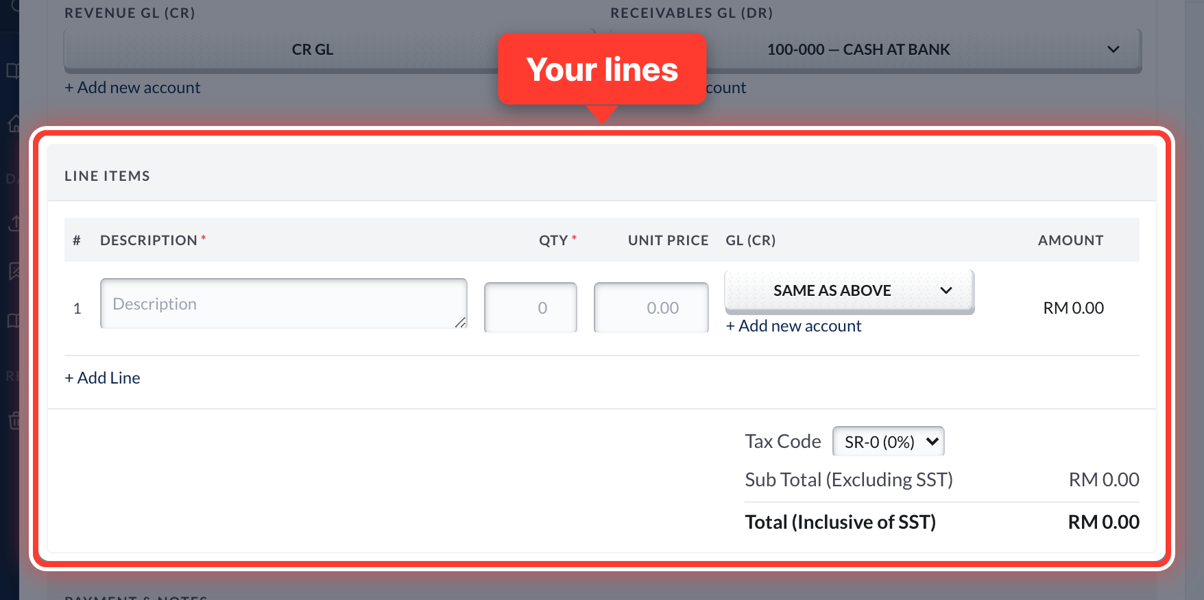 The Line Items section of the new sales invoice, circled