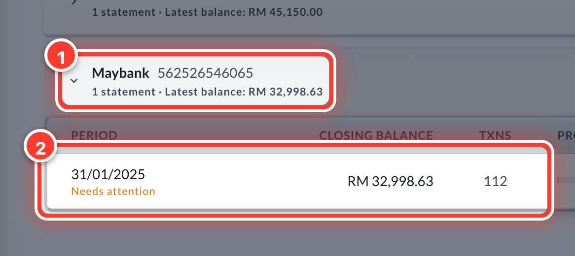 A bank account (1) and its monthly statement (2), circled