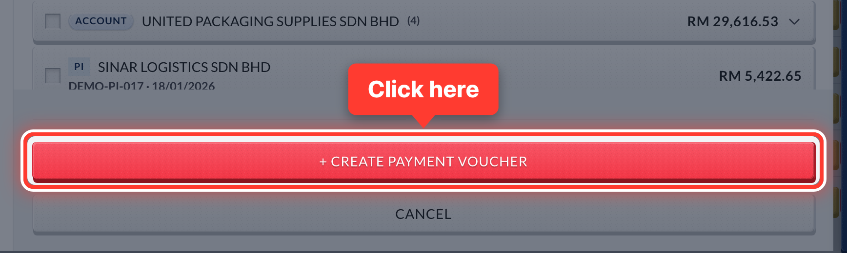 The + Create Payment Voucher button, circled