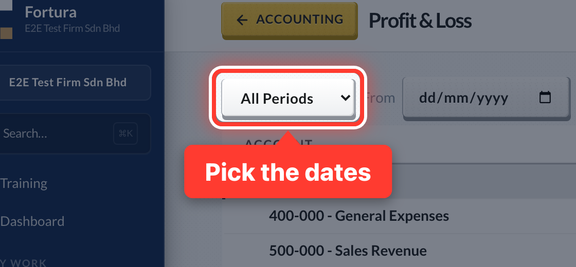 The period picker on Profit & Loss, circled
