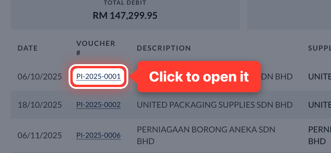 A voucher number in the list of entries behind an amount, circled
