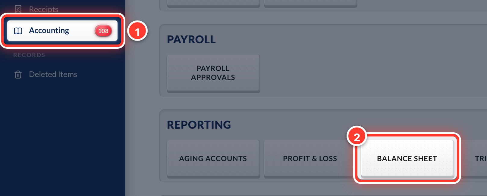 Accounting in the sidebar (1), then Balance Sheet on the Accounting page (2), circled