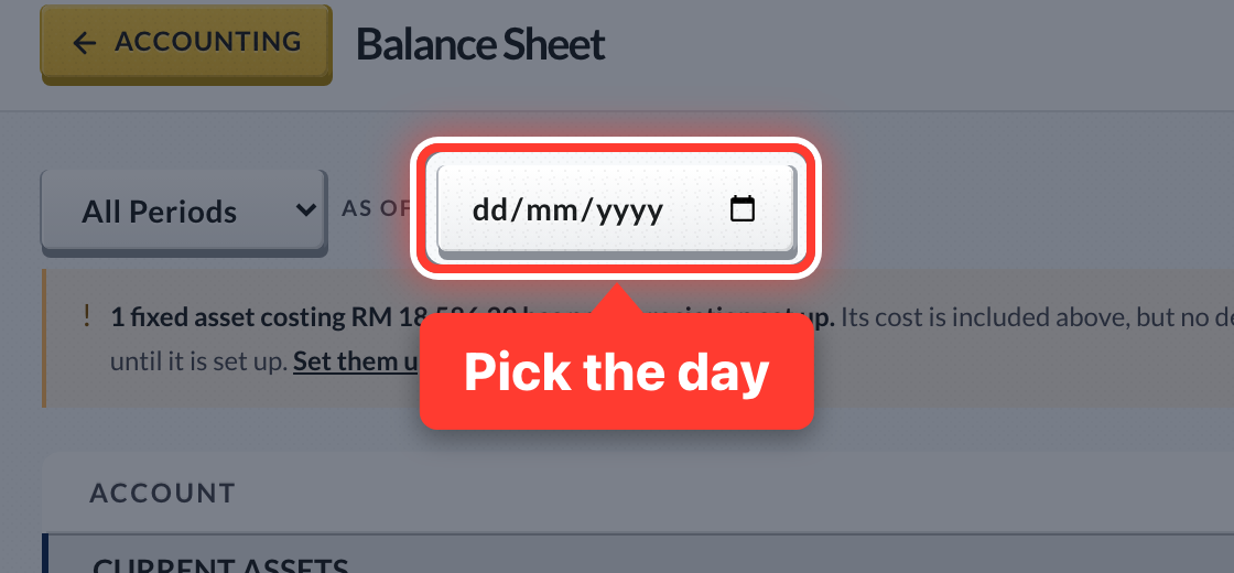 The As Of date on Balance Sheet, circled