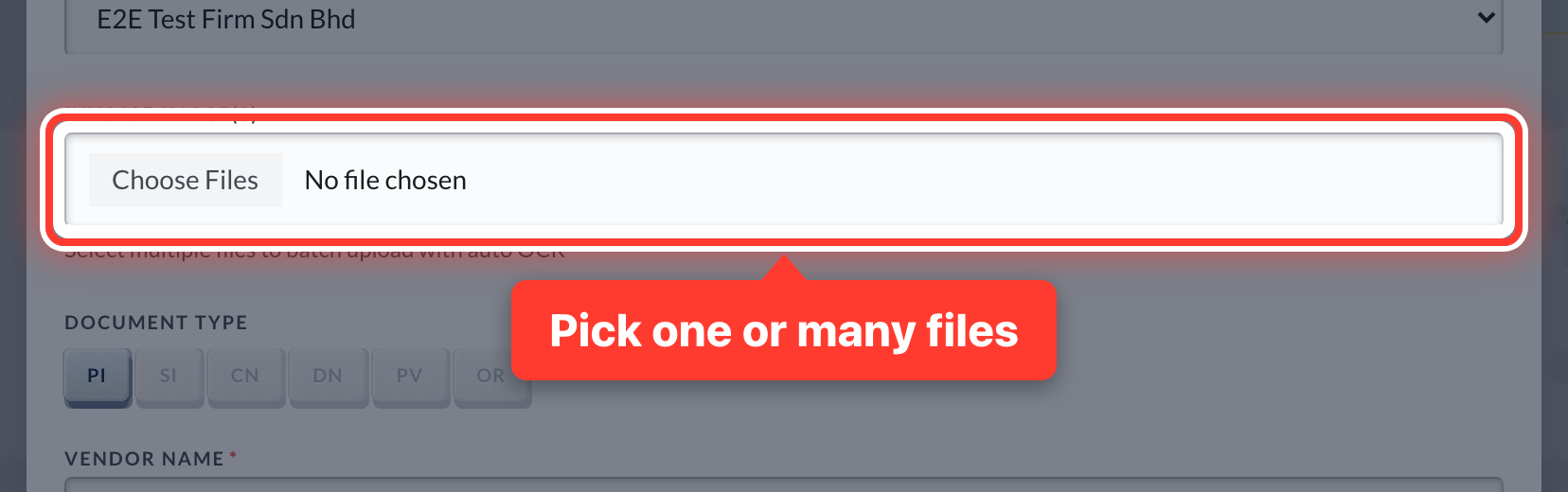 The Choose Files box in the Submit New Invoice window, circled