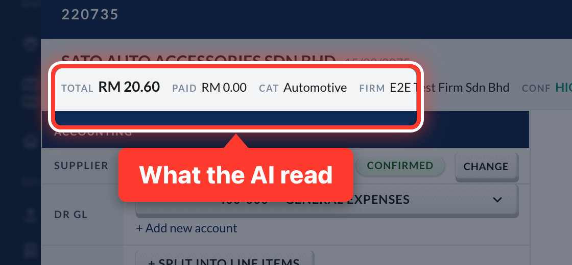 The supplier, date and total Fortura read from an invoice, circled