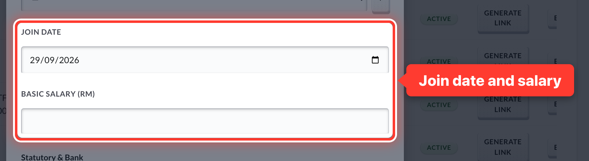 The join date and basic salary boxes, circled