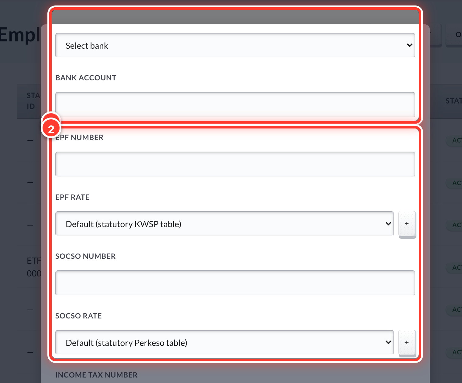 The bank (1) and EPF/SOCSO (2) sections of the New Employee form, circled