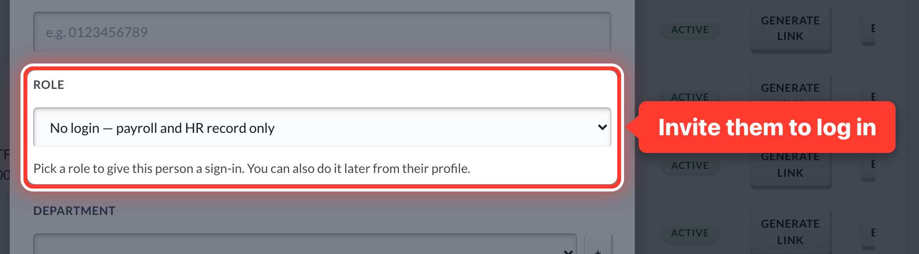 The Role box in the New Employee form, circled