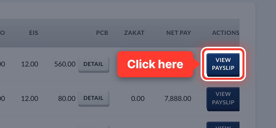 The View Payslip button on a payroll run, circled
