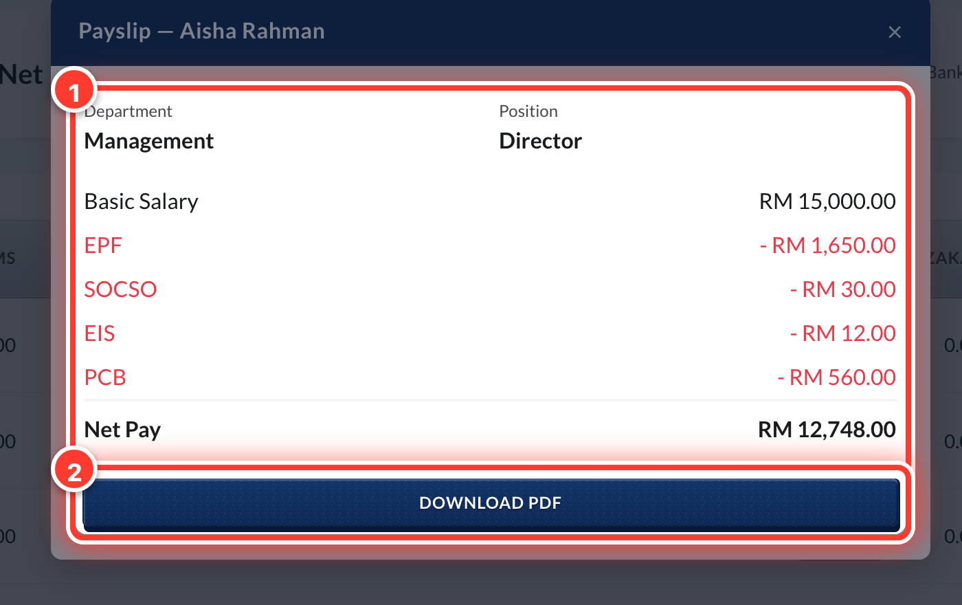 A payslip (1) and its Download PDF button (2), circled