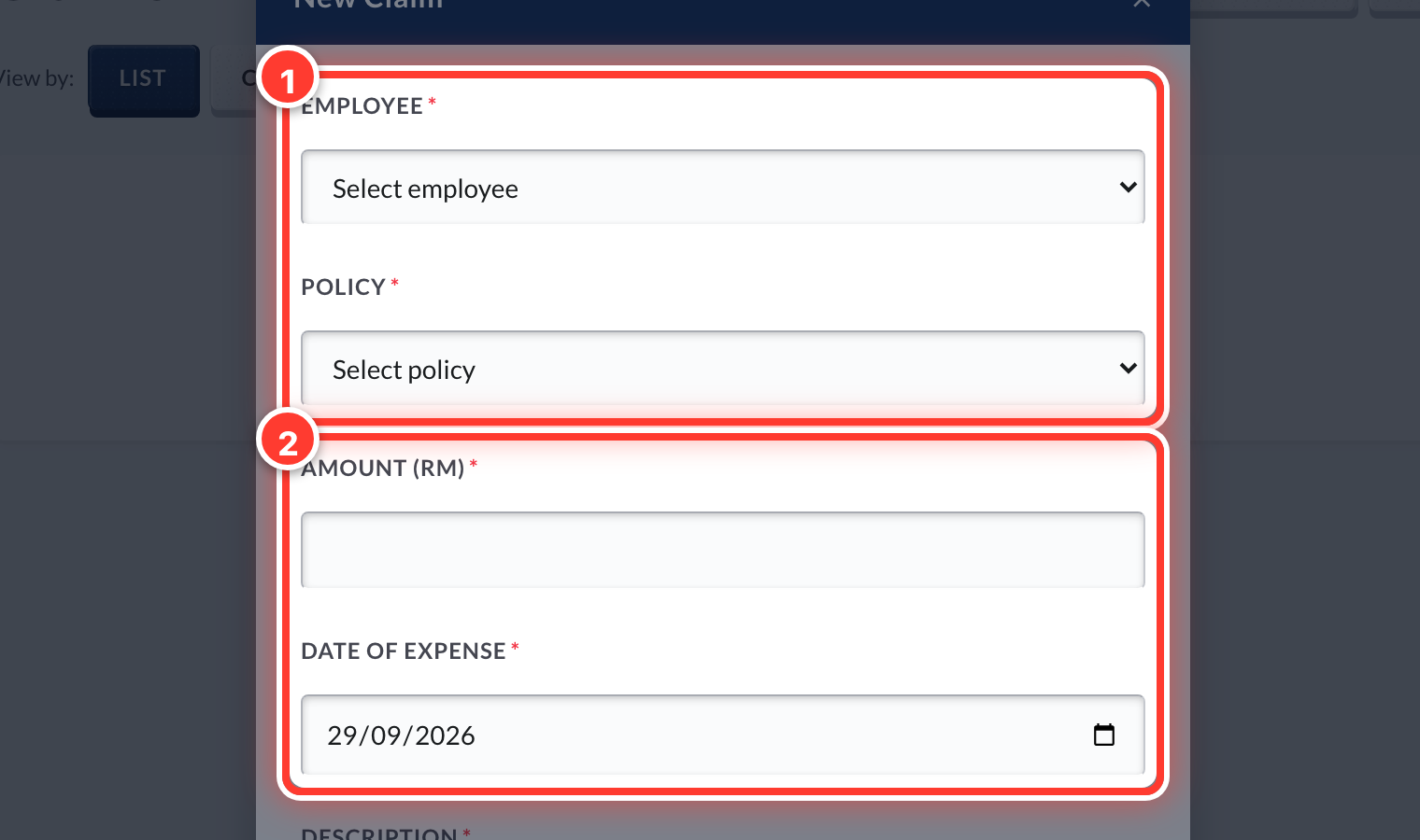 The employee and policy (1) and amount (2) boxes of a new claim, circled