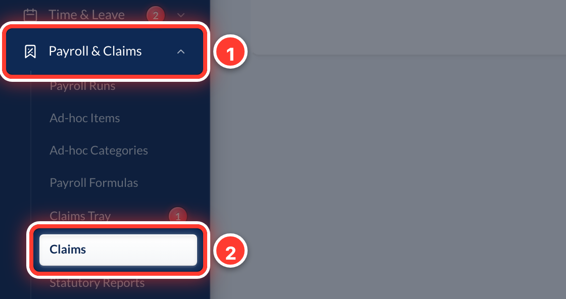 Payroll & Claims in the sidebar (1), then Claims (2), circled