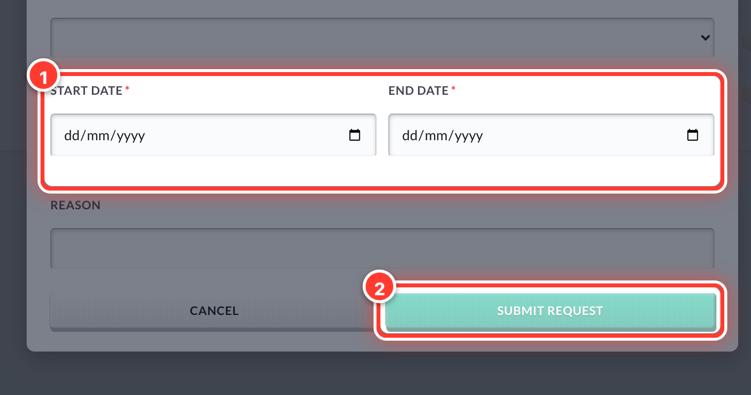 The start and end dates (1) and the Submit Request button (2), circled