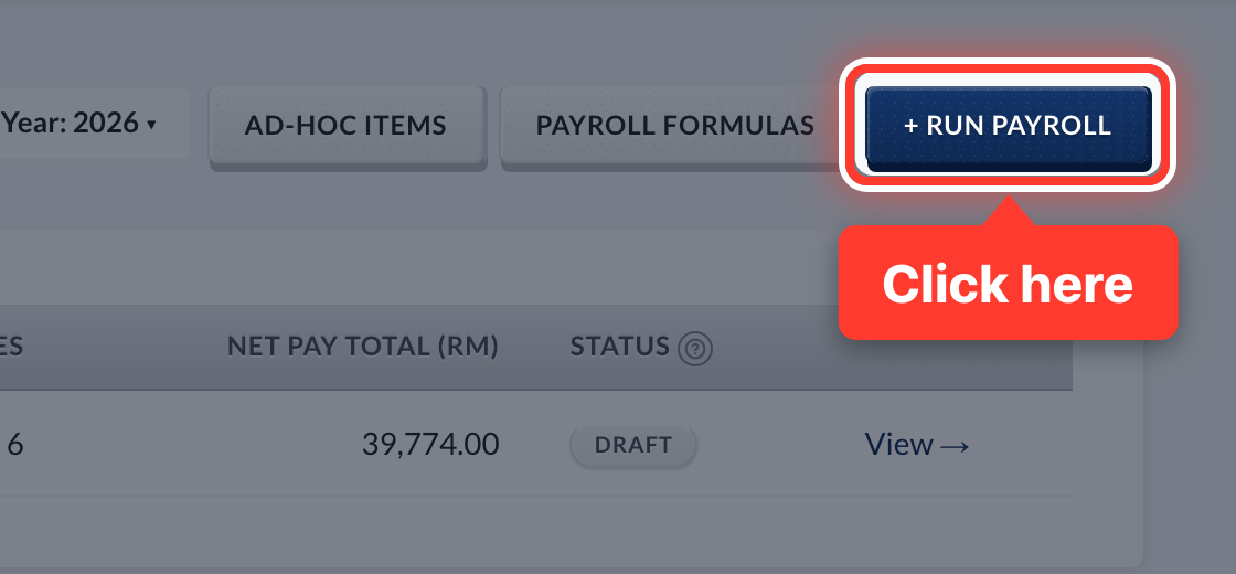The + Run Payroll button, circled