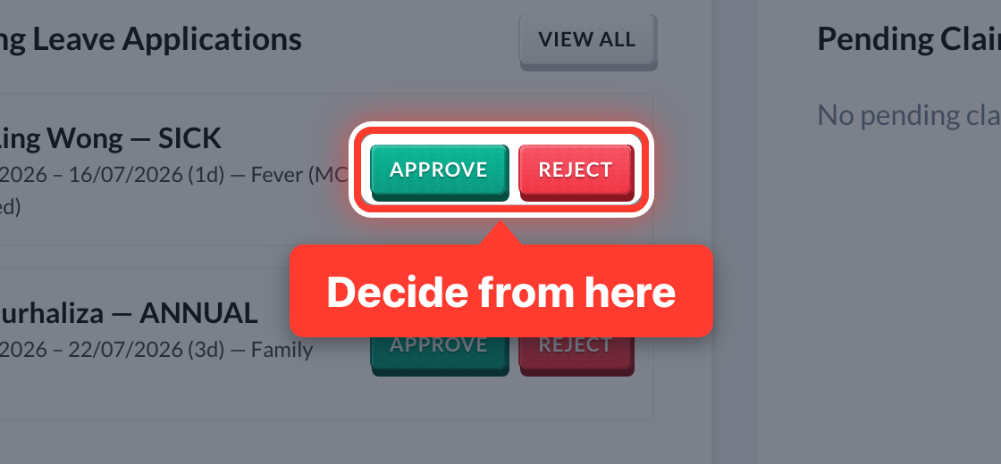 Approve and Reject on a request waiting on the HRMS Dashboard, circled