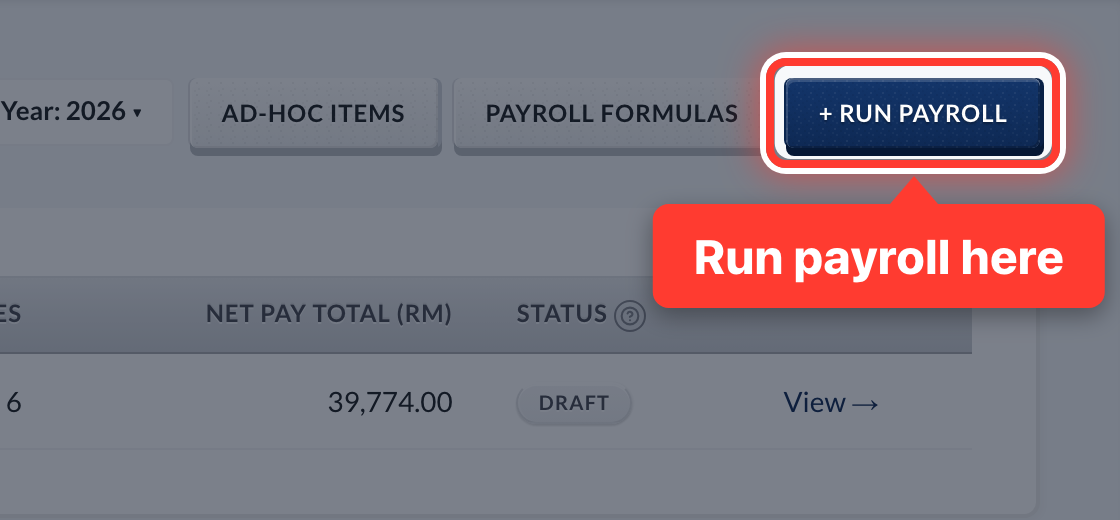The + Run Payroll button, circled